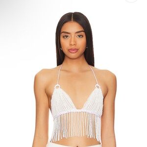 New My Beachy Side Beaded Crop Top in Ivory fringe bikini bra festival mermaid